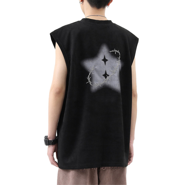 Custom men's summer vests oversized loose heavyweight 100% cotton stars print large pattern sleeveless tees