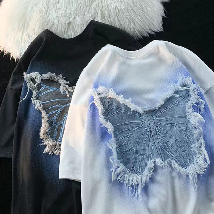Custom men's star denim patch embroidery short sleeve summer skateboard oversized Tees