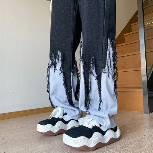 Custome men's hip-hop color-blocking tassel jeans high quality straight-leg loose jeans