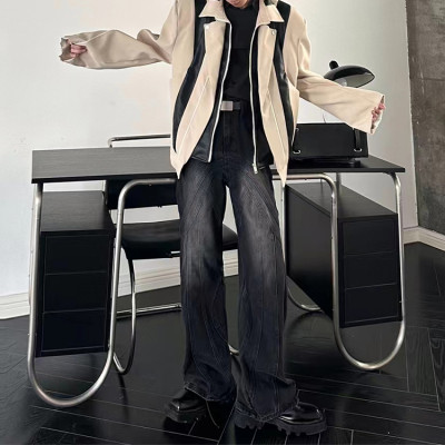 Customized men's pressed and pleated jeans high quality casual trendy washed and flared jeans