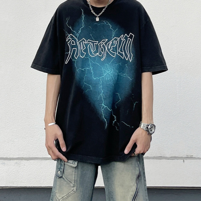 Custom men's 100% cotton hip hop tees heavyweight men's large print lightning pattern printed T-shirts