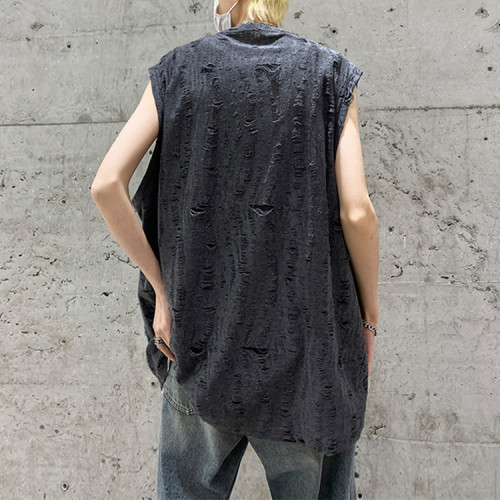 Custom men's summer hip hop vests oversized loose heavyweight 100% cotton distress washed  vests