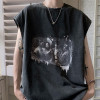 Custom men's summer hip hop print vests oversized loose heavyweight 100% cotton vintage washed vests