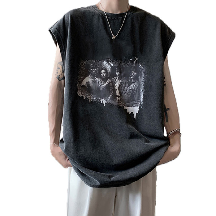 Custom men's summer hip hop print vests oversized loose heavyweight 100% cotton vintage washed vests