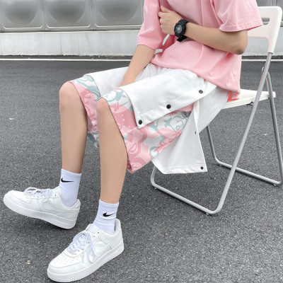 Custom men's tie-dye side button summer skateboard shorts loose casual fake two pieces shorts