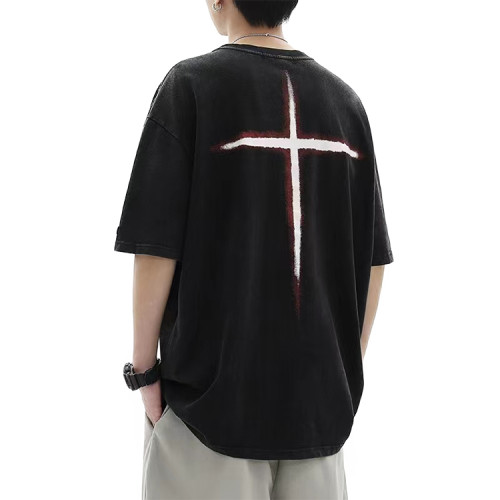 Custom 100% cotton retro trend cross print tees summer loose oversized comfortable short sleeve for cool men