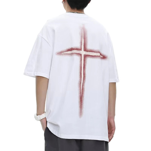 Custom 100% cotton retro trend cross print tees summer loose oversized comfortable short sleeve for cool men