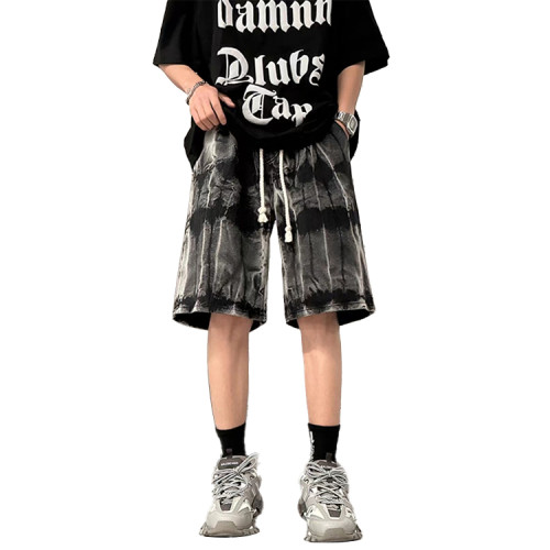 Custom tie-dye denim shorts men's summer hip-hop washed straight pants casual five-point pants