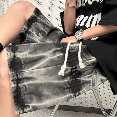 Custom tie-dye denim shorts men's summer hip-hop washed straight pants casual five-point pants