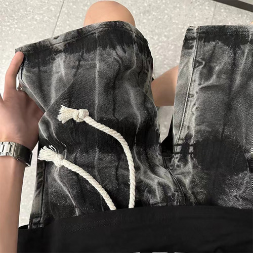 Custom tie-dye denim shorts men's summer hip-hop washed straight pants casual five-point pants