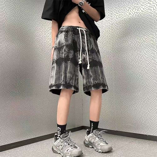 Custom tie-dye denim shorts men's summer hip-hop washed straight pants casual five-point pants