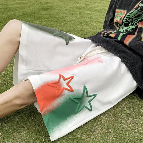 Customized French terry cotton shorts men's summer breathable star puff print loose casual sports shorts
