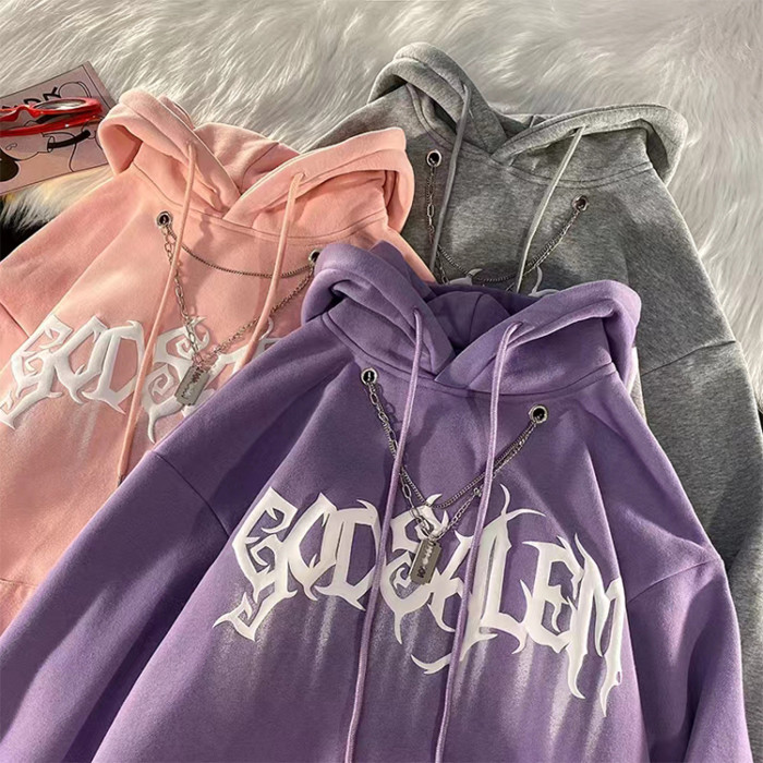 Custom men's letter puff print loose heavyweight cotton high quality hoodies with chain