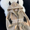Custom men's fuzzy embroidered pattern hoodies loose heavyweight cotton hoodies with horns