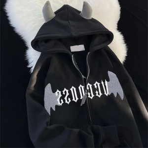 Custom men's fuzzy embroidered pattern hoodies loose heavyweight cotton hoodies with horns