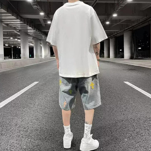 Custom tie-dye denim shorts men's summer hip-hop distressed washed straight pants casual shorts