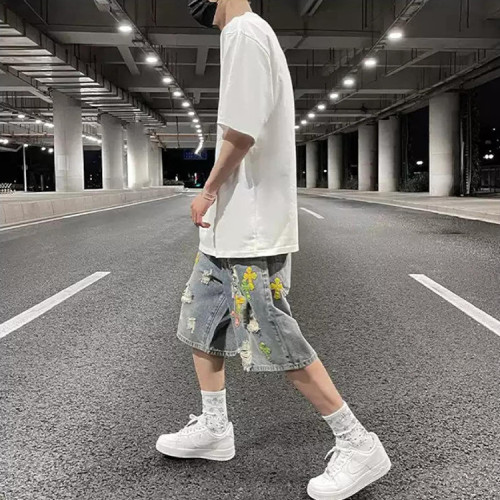 Custom tie-dye denim shorts men's summer hip-hop distressed washed straight pants casual shorts