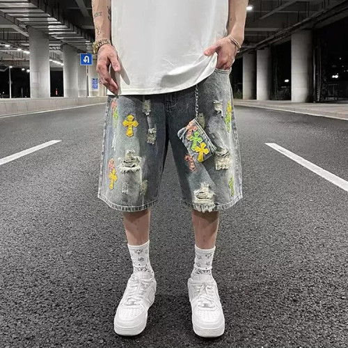 Custom tie-dye denim shorts men's summer hip-hop distressed washed straight pants casual shorts