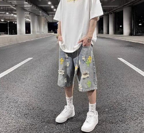 Custom tie-dye denim shorts men's summer hip-hop distressed washed straight pants casual shorts