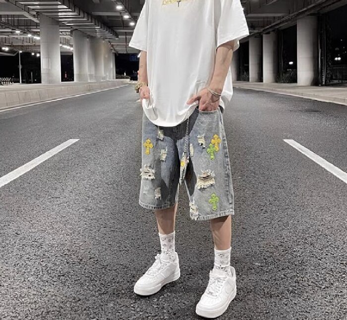 men's summer hip-hop distressed washed straight pants casual shorts