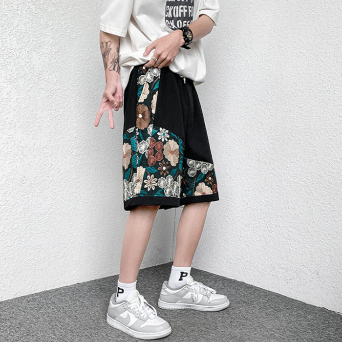 Custom men's embroidered patchwork French terry shorts loose sports casual shorts