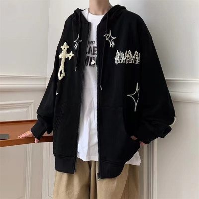 Custom men's fuzzy embroidered cross hoodies oversized heavyweight cotton zip-up hoodies