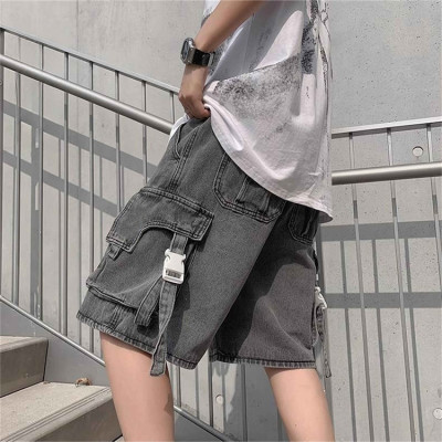 Custom trendy denim shorts men's models loose elastic waist straight pants large pocket shorts