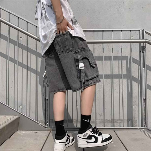 Custom trendy denim shorts men's models loose elastic waist straight pants large pocket shorts