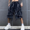 Custom summer hip hop dark style tie-dye burlap denim shorts tassel vintage shorts