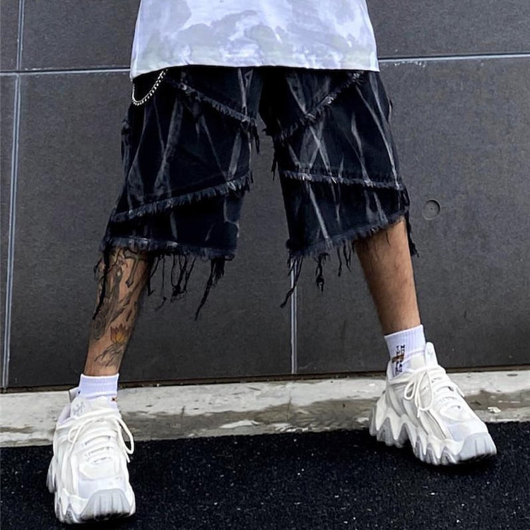 summer hip hop dark style tie-dye burlap denim shorts