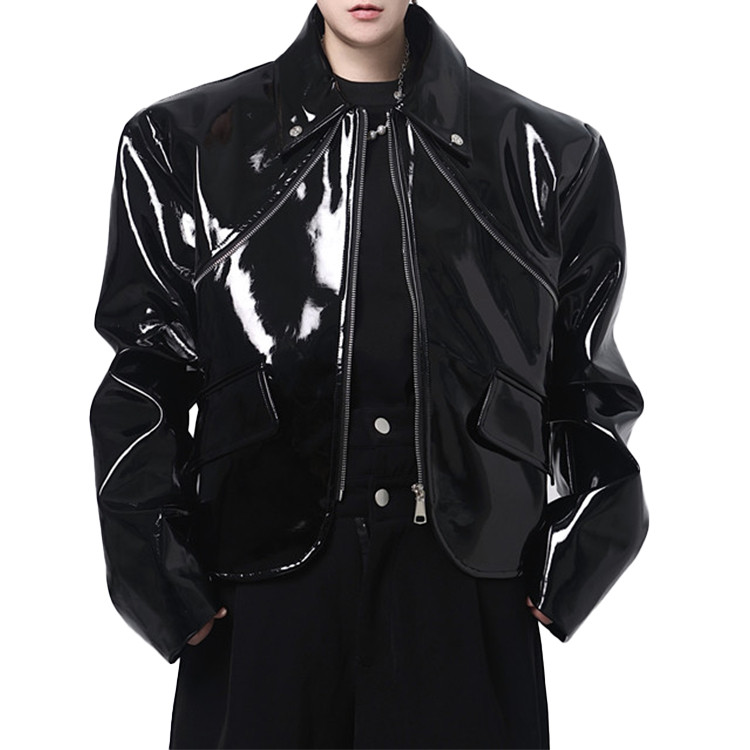 men's lapel collar PU faux leather zip-up motorcycle bomber jacket