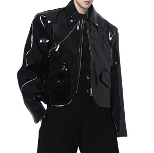 Custom men's lapel collar PU faux leather zip-up motorcycle bomber jacket male liquid leather coats