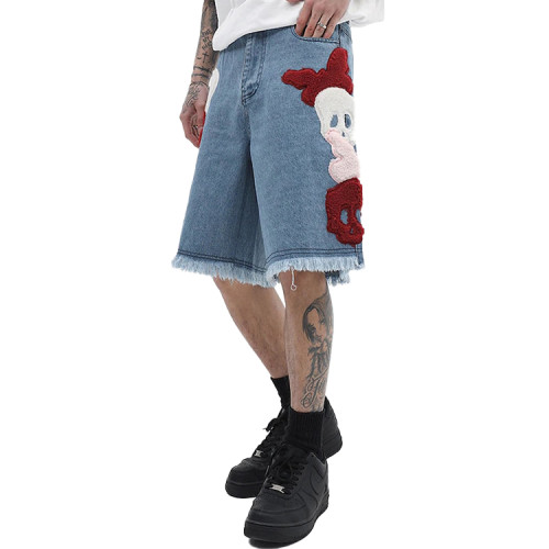 Custom 100% cotton 3D fleece embroidered streetwear men's denim straight shorts pants