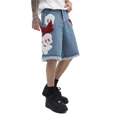 Custom 100% cotton 3D fleece embroidered streetwear men's denim straight shorts pants