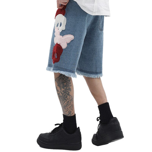 Custom 100% cotton 3D fleece embroidered streetwear men's denim straight shorts pants