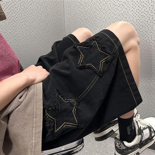 Custom men's star patch embroidery shorts loose straight shorts with waist rope