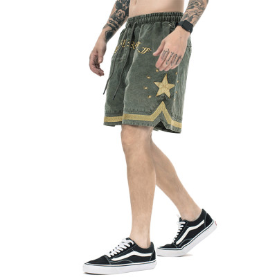 Custom men's bulk shorts embroidery logo towel shorts beach vintage acid washed denim fabric shorts