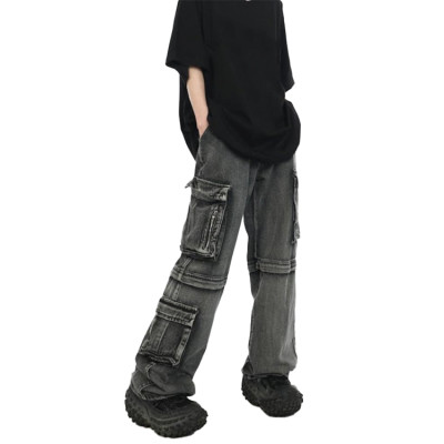 Custom high quantity frayed straight pants worn multi-pocket softener men's jeans casual jeans denim