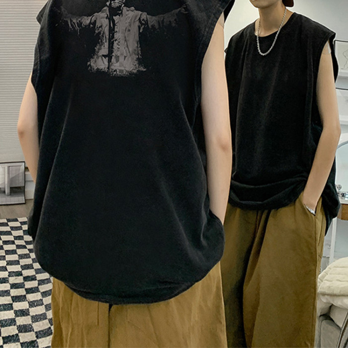 Custom black 100% cotton acid wash graphics print vintage men's sleeveless T-shirt