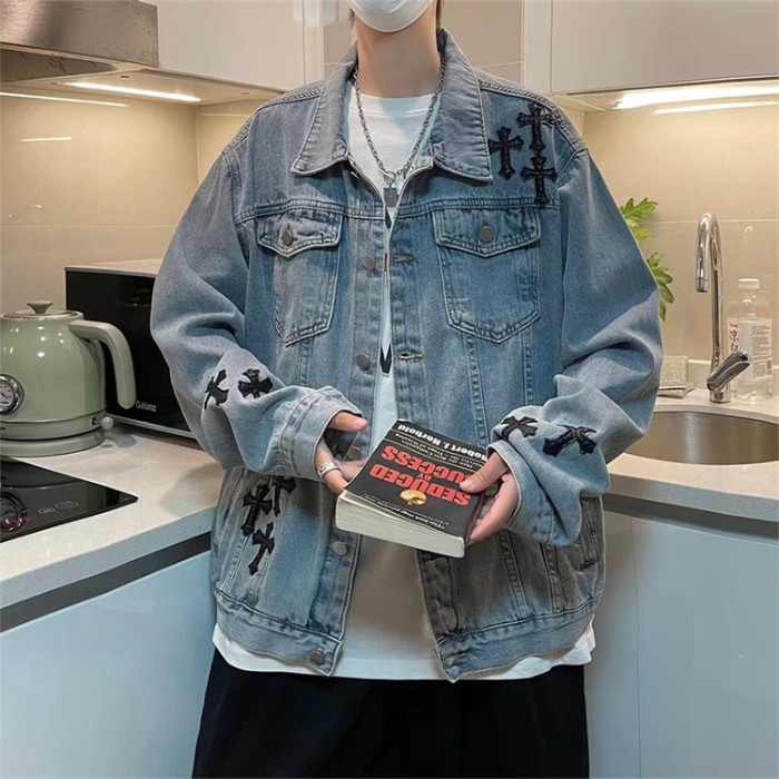 Custom men's denim jackets cross patch embroidery oversized trendy denim jackets