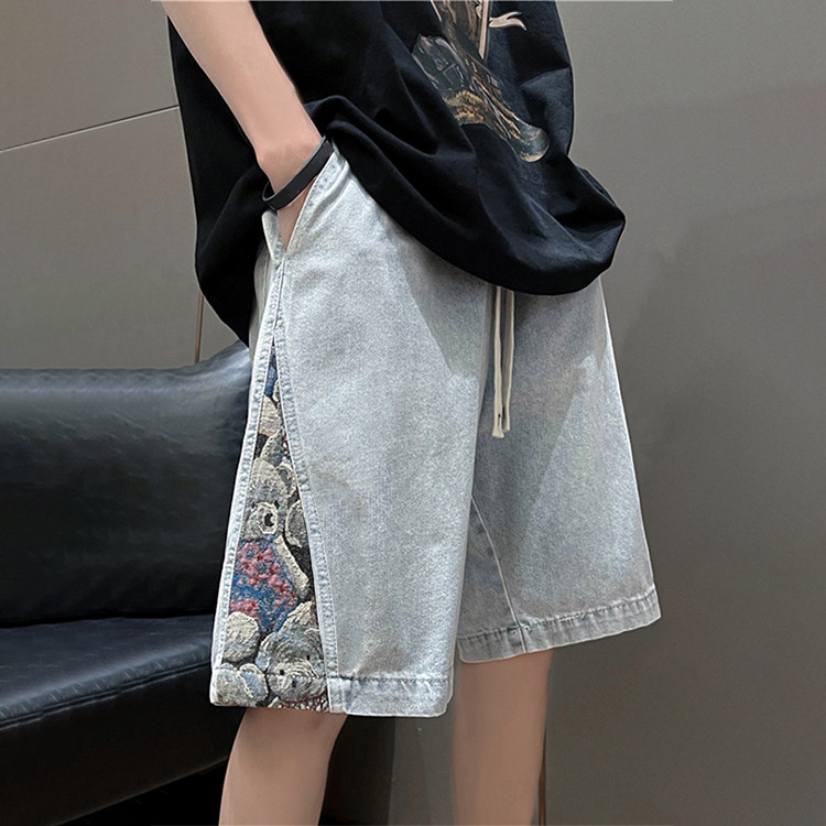 straight embroidered stitching casual half-legged pants 