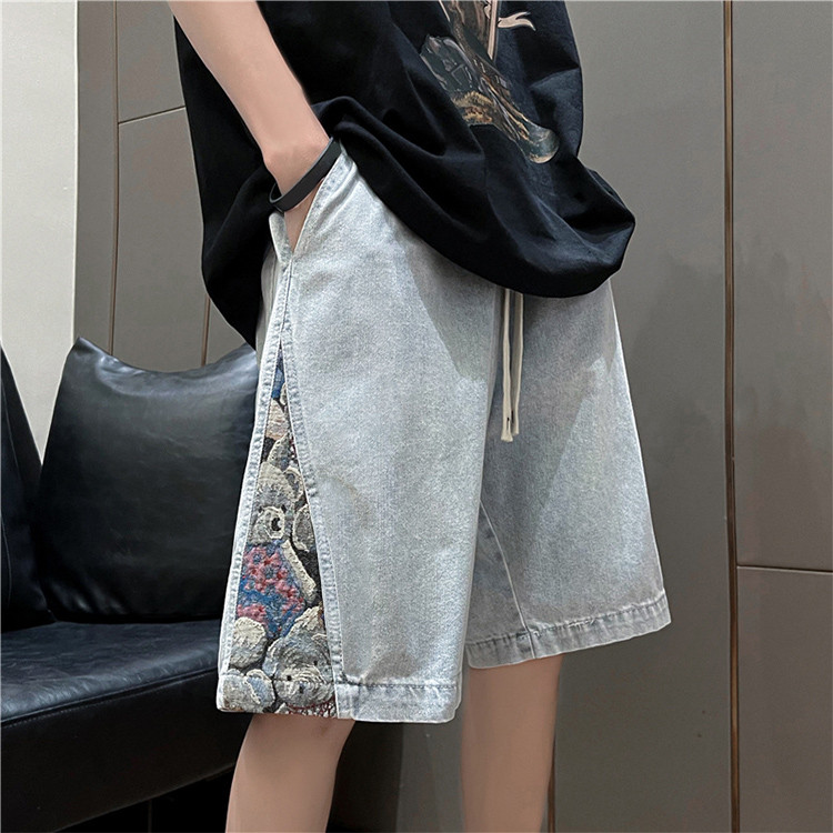 straight embroidered stitching casual half-legged pants 