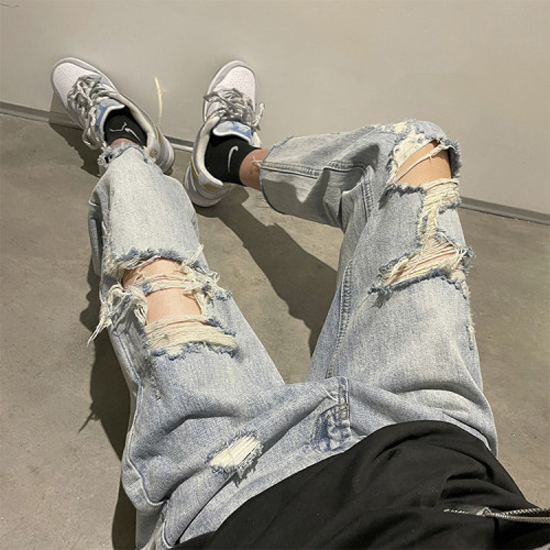 Custom high quality distress wash straight denim pants softener young men's casual slim jeans