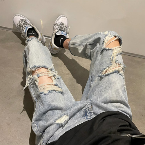 Custom high quality distress wash straight denim pants softener young men's casual slim jeans