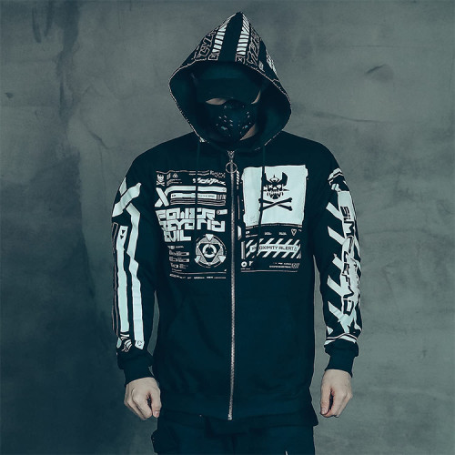 Custom Mens Skeleton Full Face Zip Jacket Hoodies Custom Black Streetwear Print Zip Up Men's Hoodies