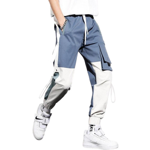 Custom separate at the knees color block loose baggy patch pockets cargo pants for men