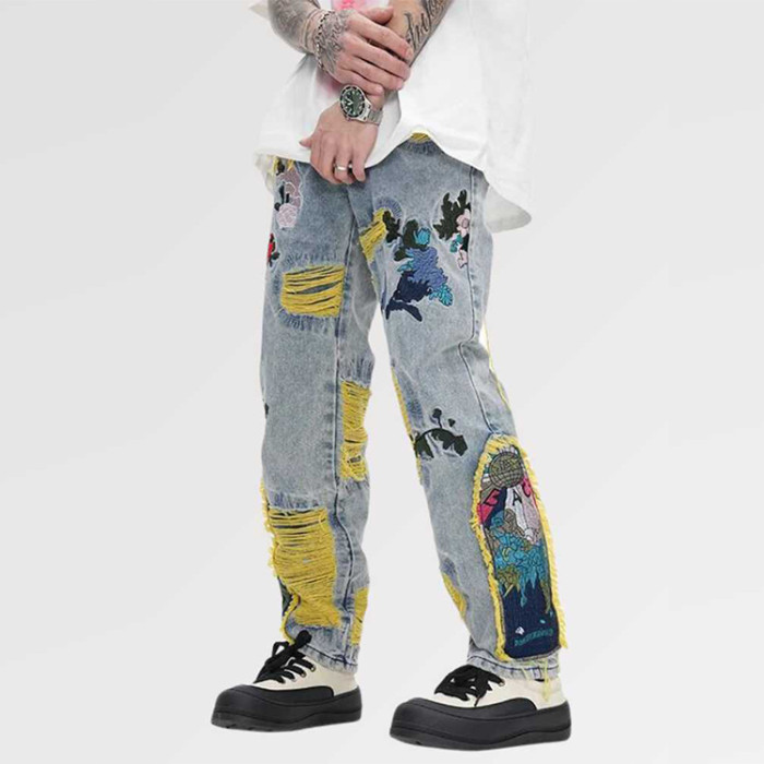 custom straight embroidery elastic pants super skinny fit slim jean biker ripped tapered men jeans hombre pants