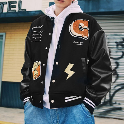 Custom Logo Embroidery Black Couple College Baseball Bomber Men's Jacket Varsity Letterman Jacket