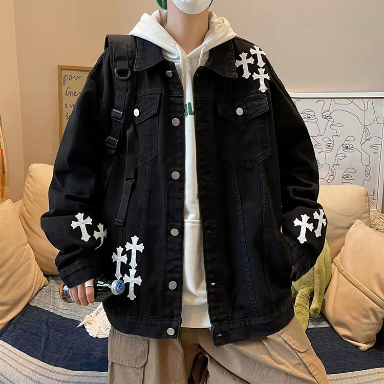 Custom men's denim jackets cross patch embroidery jackets