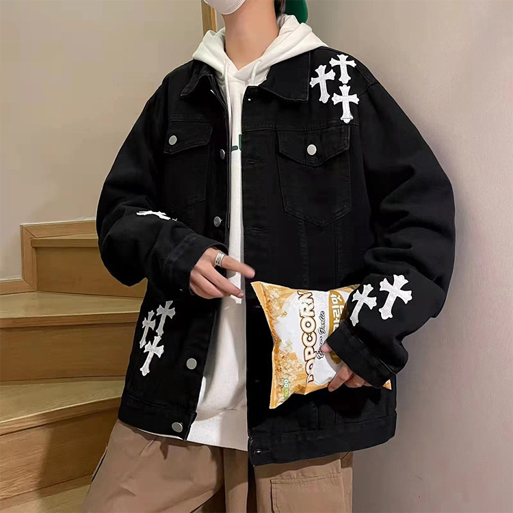 Custom men's denim jackets cross patch embroidery jackets